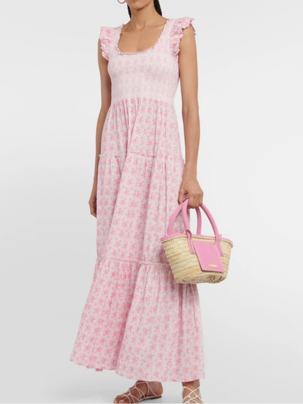 LoveShackFancy Chesie Pink Floral Smocked Maxi Dress Ruffle Straps Rosebud Print - Picture 1 of 10